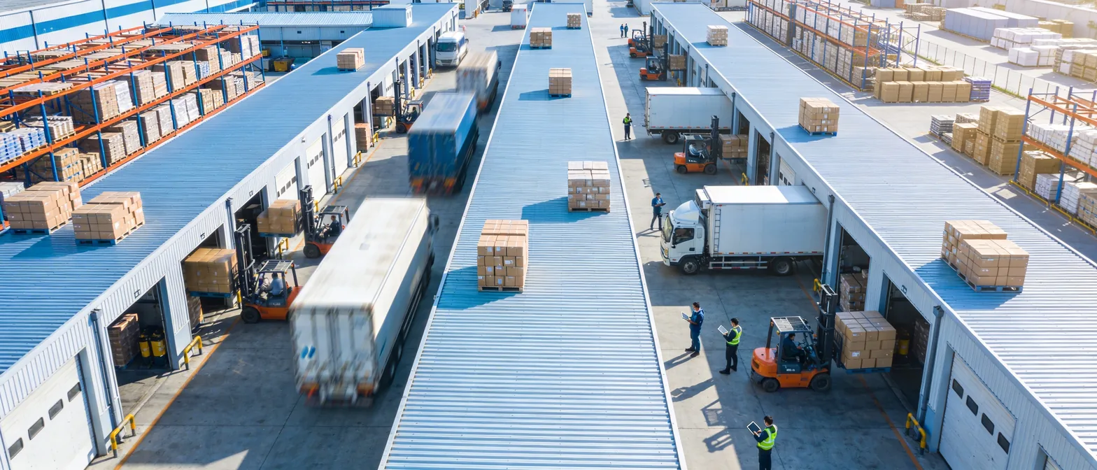 Aerial view of a distribution centre with trailers docked along both sides of a loading bay