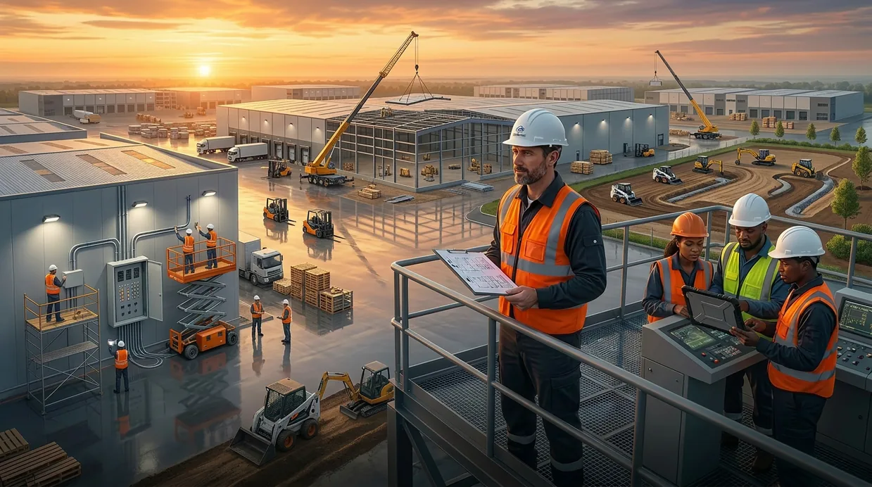 Site supervisors reviewing plans on a gantry above an active industrial project at sunset