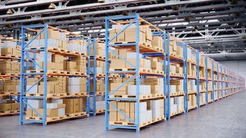Shared warehouse racking bays holding cartons across multiple levels